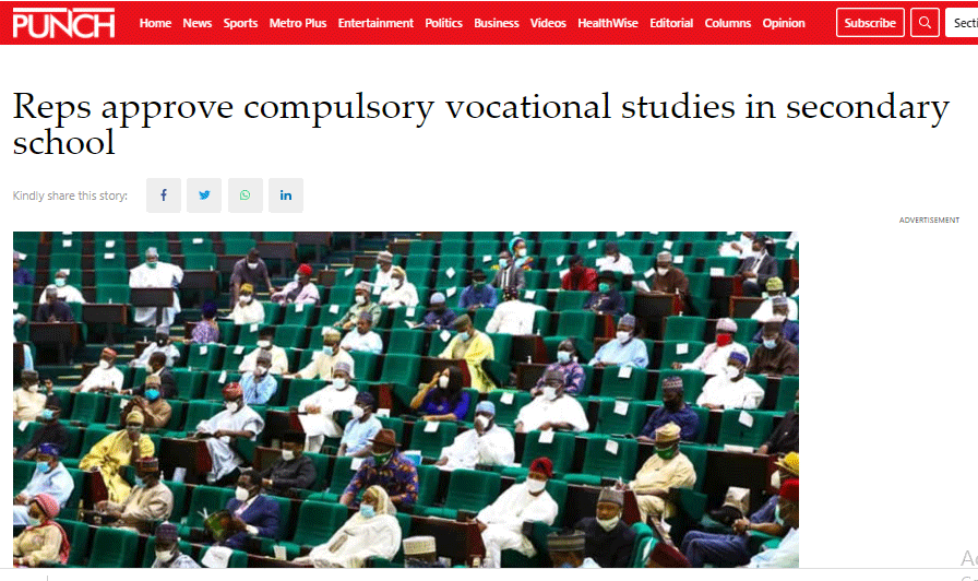 [BPPS] Reps approve compulsory vocational studies in secondary school - PUNCH NEWSPAPER REPORT