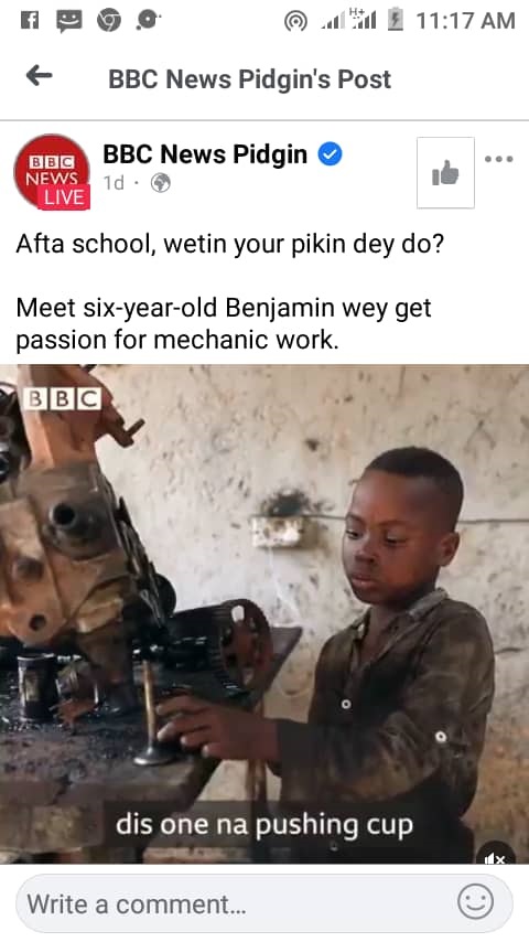 Click HERE to watch this BBC Interview of an amazing 6 year old Nigerian Automobile Mechanic in Training.