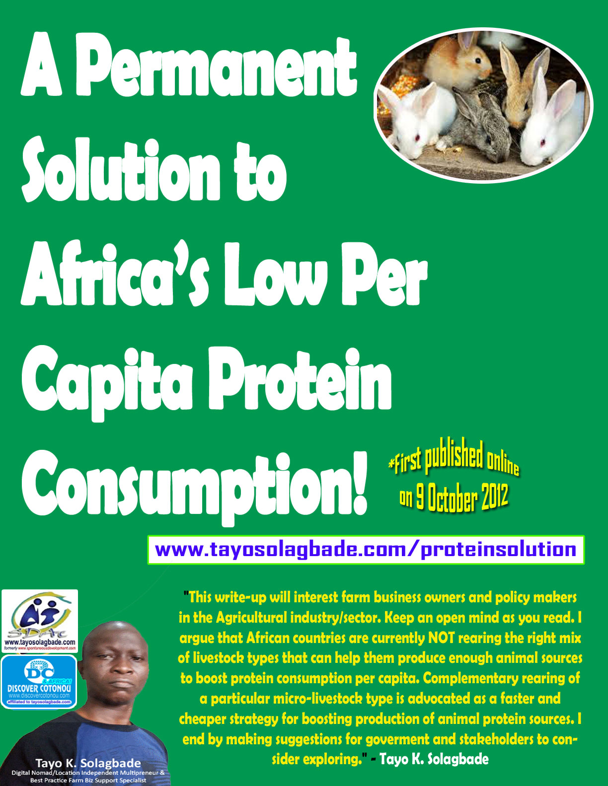 PDF White Paper | A Permanent Solution to Africa’s Low Per Capita Protein Consumption! - Email your WhatsApp number to Tayo@tksola.com with RABBIT FARM BIZ WHITE PAPER in the subject line - and I will send you download link
