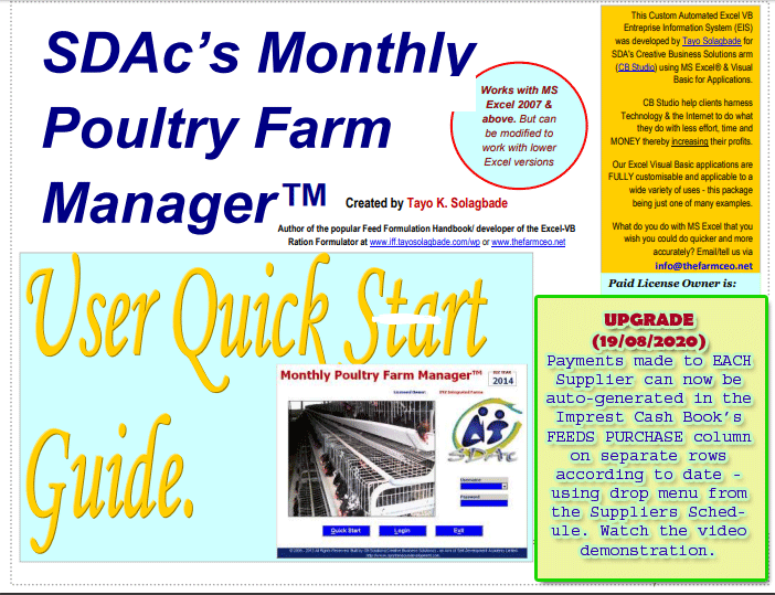 Excel-VB Poultry Farm Manager [UPGRADE] – Auto Generate Payments to Suppliers In Imprest Cash Book – Phone Suggestion by Nigerian Farm CEO Client/User