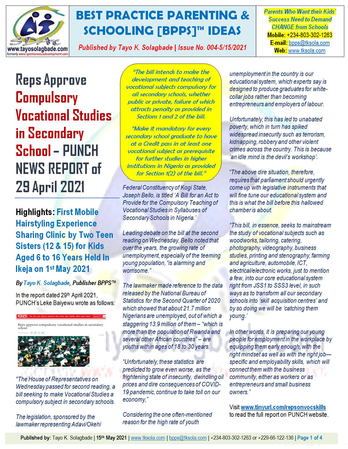 [NEW LAW!] Vocational Subjects to Mainstream…into Nigeria’s Core Educational System from JSS1 to SSS3, Transforming Secondary Schools into ‘Skill Acquisition Centres’ |  Best Practice Parenting & Schooling Newsletter/Mini-Magazine – BPPS NO. 004 OF 15TH MAY 2021 [PDF]