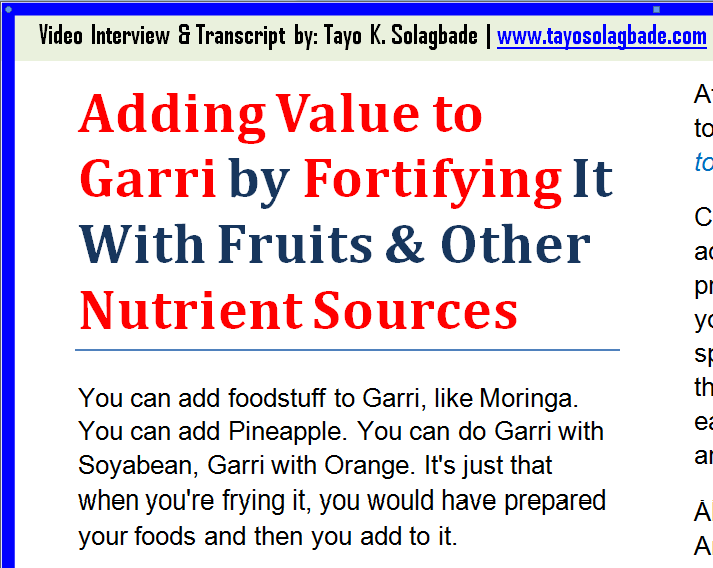 Adding Value to Garri by Fortifying It With Fruits & Other Nutrient Sources [Download VIDEO TRANSCRIPT]