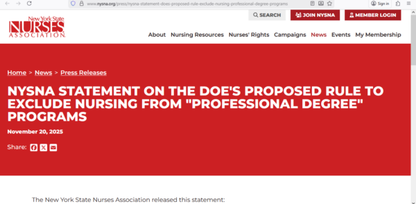 “An Insult To Nurses” – The New York State Nurses Association On Trump’s Department Of Education’s Proposed Rule To ‘Exclude’ Nursing From ‘Professional Degree’ Programs
